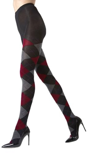 MeMoi Classic Argyle Cotton Tights for Women, Cozy and Stlylish Patterned Sweater Tights - Sizes Small to 6x, Black-Red, Medium/Large