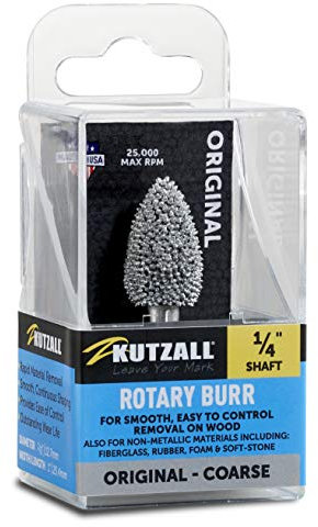 Kutzall Original Flame Rotary Burr, 1⁄4 Shaft, Coarse - Woodworking Attachment for Bosch, DeWalt, Milwaukee, Makita. Abrasive Tungsten Carbide, 1⁄2 (12.7mm) Dia. x 1 (25.4mm) Length, FL-12
