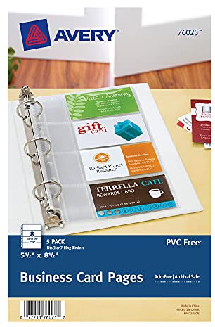 Avery Clear Business Card Organizer Pages for 5.5 x 8.5 Mini Binders, Pack of 5 Holds 40 Cards Total (76025)
