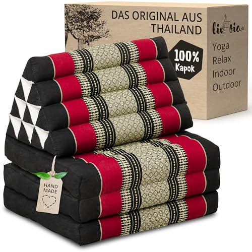 livasia Thaikissen mit 3 Auflagen - 175x50x8cm - Dreieckskissen mit Klappmatratze, Keilkissen Kapok, Rückenkissen faltbar, Thaimatte zum Klappen, handgefertigt, Meditationskissen (Schwarz/Rot)