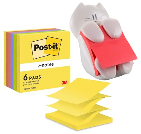 Post it Notes Cat Dispenser and Super Sticky Z Note Pad, Yellow, Blue, Green, Pink, Orange (6 pads, 100 sheets per pad)