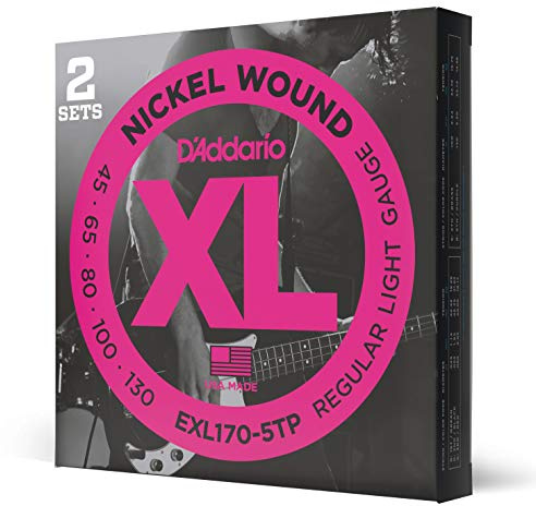 D'Addario E Bass gitarrsträngar – strängar E bas – basgitarr strängar – E bassträngar – bas gitarrsträngar – EXL170-5TP – ljus, 45-130 (5-strängar, 2-pack) – lång skala