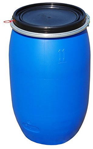 Blå plasttunna med 120 liters spännring och lock, specialerbjudande! Plastbotten, lockbotten, runt fat, stående behållare