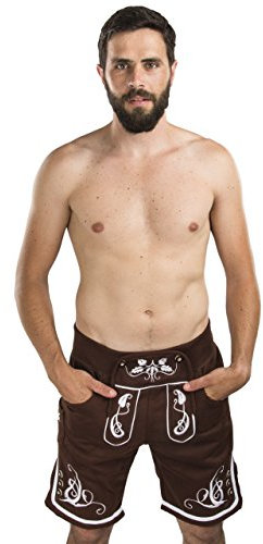Herren Trachten Jogging Lederhose kurz - Jogginghose Sporthose Bestickt - Trachtenhose - Fitness Trachtenlederhose Adam (XXL, Braun)