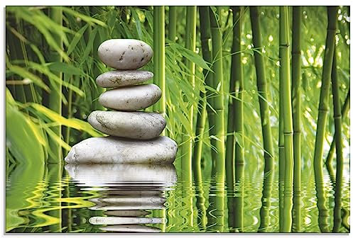 ARTland Wanddeko Glasbilder Wandbild Glas Bild einteilig 80 x 60 cm Wellness Zen Garten Pflanzen Bambus Wasser Steine Balance Gleichgewicht Q4QQ