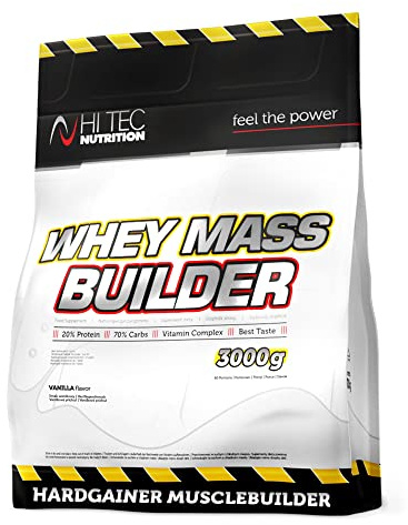 Mass Gainer Protein Pulver 3000g - Whey Weight Gainer für Muskelaufbau - 60 Portionen Vanille - Hi Tec Nutrition
