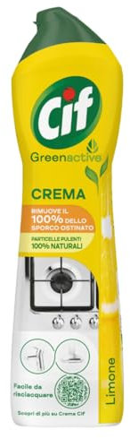 Cif Crema, Detergente per Superfici Dure, Formato 500 ml, Ideale su Grasso Incrostato, Residui di Cibo Bruciato e Macchie di Calcare, con Particelle Pulenti 100% Naturali, Limone