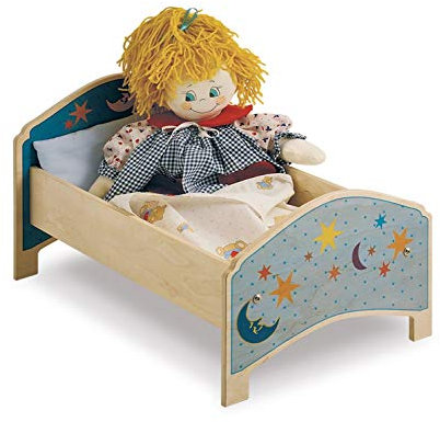 Dida - Puppenbett Aus Holz Mit Matratze Und Kopfkissen + Bettlaken Für Puppen Bis 50 cm Grösse - Dekoration: Mond. Ideal Für Die Puppenecke Im Kindergarten Und In Der Kinderkrippe