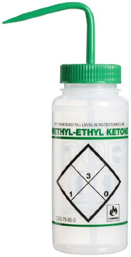 SP Bel-Art Safety-Labeled 2-Color Methyl Ethyl Ketone Wide-Mouth Wash Bottles; 500ml (16oz), Polyethylene w/Green Polypropylene Cap (F11646-0611), Natural (Pack of 6)