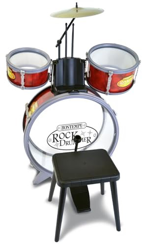 Bontempi 51 4504 Schlagzeug: Baßtrommel Ø 385 mm mit Pedal. 2 kleine Trommeln Ø 170 Becken Ø 210 mm. 2 Schlagstöcken. Echte Sounds. Inkl. Hocker. Maße: 500x500x680 mm, 50x50x67cm