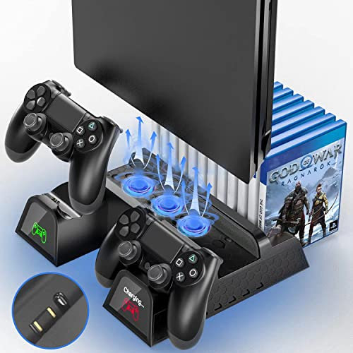 RIXOW Soporte Vertical Ventilador de Refrigeración para Consola PS4/PS4 Slim/PS4 Pro, Estación de Carga para 2 Mandos con Indicadores LED y Almacenamiento para 12 Disco de Juegos