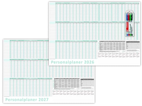 Urlaubsplaner/Personalplaner 2026 + 2027 nass abwischbar mit Folienkaschierung inkl. Stifteset - DIN B2 Format (700 x 500mm) 22 Mitarbeiter Januar bis März Folgejahr mit Schulferien (gerollt!)