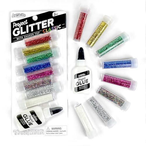 ArtSkills Ultra-Fine and Bright Glitter Shakers and Craft Glue, Arts and Crafts Supplies, Classic Colors, 9 Pieces