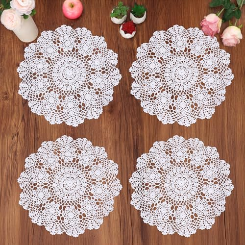 kilofly - Centrino da tavolo in cotone lavorato all’uncinetto, tovagliette a fantasia floreale, confezione da 4, Cotone, White, 15 inch white