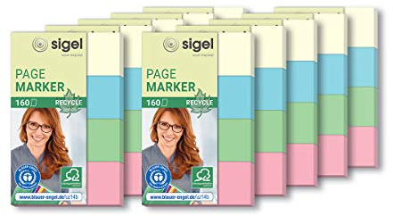 SIGEL HN604/10 Haftmarker aus Recycling-Papier, 10 Stück á 160 Streifen im Format 20 x 50 mm, gelb, blau, grü