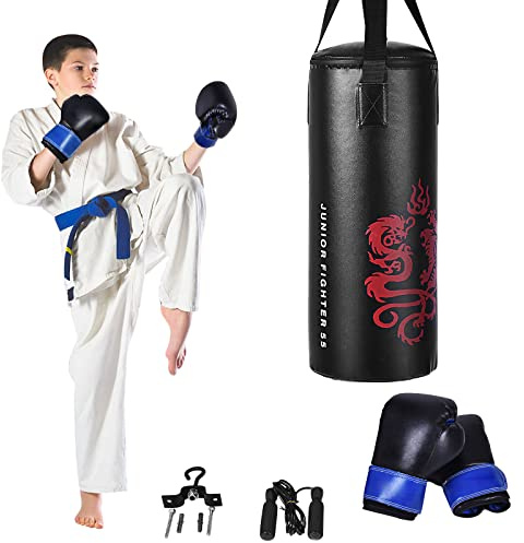 Costzon 2 FT Kids Punching Bag,Heavy Duty Boxing Set w/Gloves & Skipping Rope, Filled Kick Ball for Children Boys, Wall-Mounted Kicking Bag for Boxing, Taekwondo, Kickboxing, Martial Arts MMA
