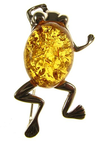 Baltic amber and sterling silver 925 cognac frog brooch pin