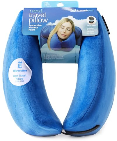 TRAVELREST Nest Neck Support Pillow - Travel Essentials, Memory Foam, Compact Travel Pillow for Long Flights, Plane Sleeping Accessories, Comfortable, Compact, Washable, Attaches to Luggage - Blue