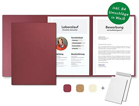 STRATAG 15 Stück 3-teilige Bewerbungsmappen Bordeaux mit 2 Klemmschienen in feinster Lederstruktur - hochwertige Prägung ''BEWERBUNG'' - inkl. 15 Versandumschläge in Weiß - direkt vom Hersteller