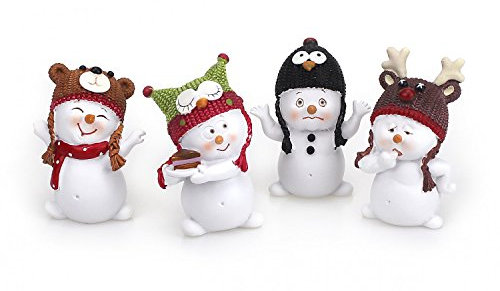 4 x Deko Figur Schneemann mit Wintermütze im Set je ca. 5,5 cm hoch, Polystein weiß mit bunten Mützen, Schneemänner Figuren Geschenkdeko Winter Weihnachten