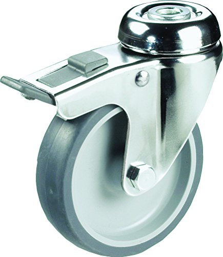 Edelstahl Apparaterollen ø 125 mm mit Feststeller und Rückenlochbohrung, rostfrei, Gummirad, Gleitlagerung, Lenkrolle, Edelstahl, VA, VA2, Inox