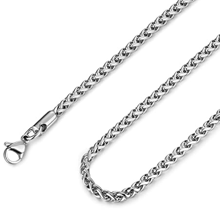 HZMAN 3.0mm Stainless Steel Wheat Silver Chain Necklaces for Men & Women 16 -30