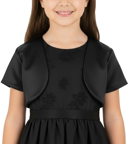 BlackButterfly Girls Short Sleeve Satin Bolero, Black, 9-10 Years