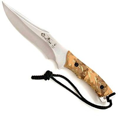 Muela Cuchillo TYPHOON-DES hoja de acero ACX-380 de 15 cm y empuñadura de goma desértica para Caza, Pesca, Supervivencia y Bushcraft Realizado en Ciudad Real + Portabotellas de regalo