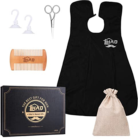 LIHAO Kit Barbe pour Homme, Kit de Rasage Comprend Tablier Barbe, Ciseaux Barbe, Peigne Barbe, Sac de Rangement, Cadeaux pour Homme