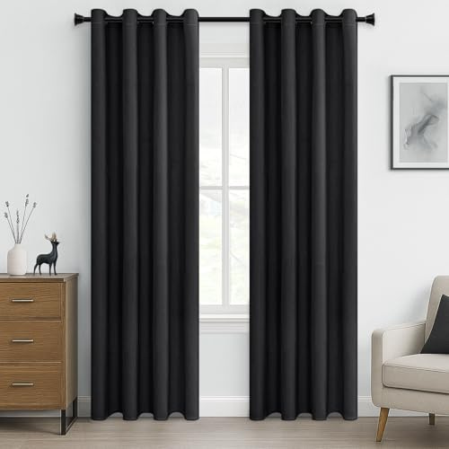 MRTREES Opaque Curtains, Thermal Curtains with Eyelets, Blackout Curtain, Eyelet Curtain, Short Modern Curtain, 225 x 140 cm (H x W), Black, Set of 2 for Hotels, Offices, Living Room, Bedroom