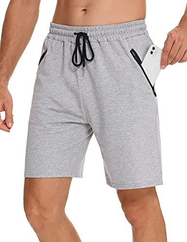 Wayleb Kurze Hosen Herren Baumwolle Sweat Shorts Männer Sommer Freizeithose Leicht Sporthose Jogginghose Fitness Kurz Hose mit Reißverschlusstasche, Grau M