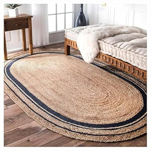 Ripaz Vogue - Jute Rug Natural Hand Braided Oval Shape Area Rug for Living Room, Hallway, Bedroom (90 x 150 cm (3x5 Feet), Beige + Black Line)
