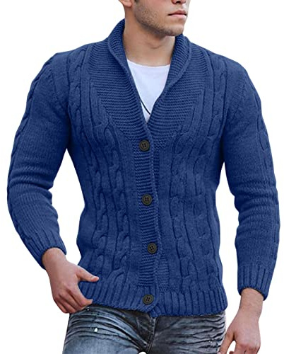 Maglione da uomo lavorato a maglia, spesso, con scollo a V, bottoni, in cotone, slim fit, con motivo a trecce, maglia con bottoni, in cotone, con tasche, maglia per esterni, Blu, M