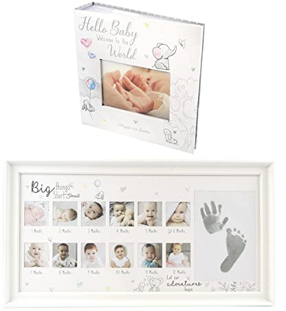 Baby Keepsake Photo Album First Year Frame Set - White Floral Bunny Hearts Design Handprint Footprint Keepsake Memories New-Born