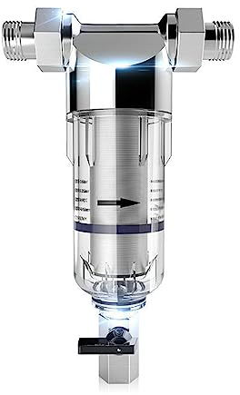 Filtro de retrolavado, filtro de agua reutilizable, prefiltro de agua para sedimentos, filtro de agua para sedimentos spin down, filtro fino lavable (1/2 pulgadas, acero inoxidable)