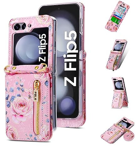 ESONG Cover a Portafoglio per Samsung Galaxy Z Flip 5 con Cinturino,Custodia floreale Antiurto Protezione con Slot per Schede/Cordino/Stand,Caso in Pelle Premium PU Protettiva Case per Donna-Rosa