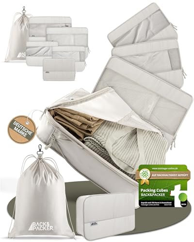 BACK&PACKER® Packing Cubes mit Kompression 6-teilig - Packtaschen Set aus recyceltem Material - Leichte Organizer für Rucksack & Koffer - inkl. Packwürfel für nasse Wäsche & Beutel (beige hell)