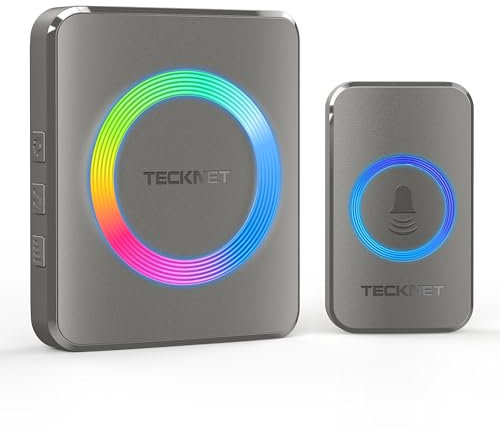 TECKNET Sonnette sans Fil, IP65 Étanche 500 Mètres Sonnette sans Fil Exterieur Etanche, 60 Mélodies 5-Niveaux Voyant RVB, pour Maison, Hôtel, Urgence-Gris