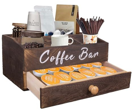 Guolich Organisateur de café - Boîte de rangement pour thé, accessoires de café, sachets de thé, dosettes de café, bar à café pour lait, serviettes, capsules, bâtonnets de sucre, marron