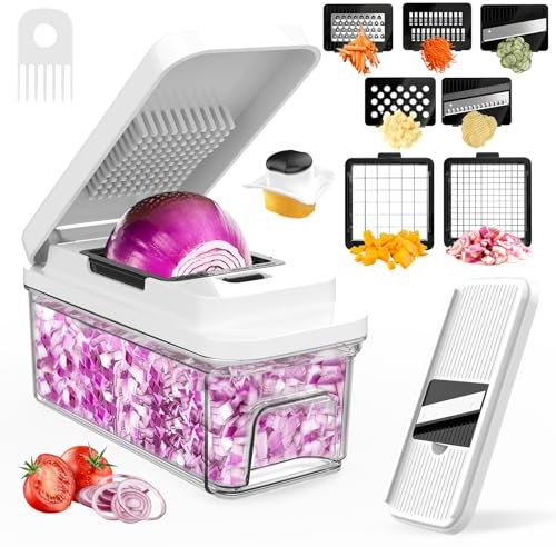 Food Chopper with Container, Veggie Chopper and Vegetable Chopper with 7 Stainless Steel Blades, Onion Chopper Dicer Cutter for Potato, Carrot, Garlic, Cubumber, Salad Meal Prep