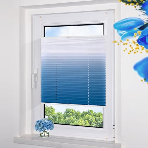 Grandekor Plissee ohne Bohren Farbverlauf Blau-Weiß 65x120cm, Plissees Klemmfix Sichtschutz und Sonnenschutz Blickdicht Faltrollo Lichtdurchlässig Rollos für Fenster ohne Bohren