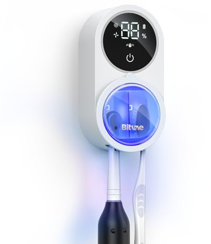 Bitvae Toothbrush Holder & Toothbrush Cleaner, Cleaning and Air Drying, LED Smart Screen, Rechargeable Wall Mount Toothbrush Holder for Bathrooms, White