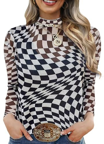 Womens Tops Trendy 2025 Sexy Going Out Tops for Women Mesh Sheer Blouses Checkered M