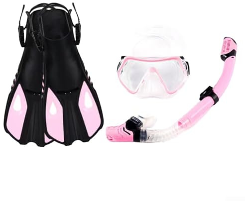 Eawfgtuw Set da snorkeling con maschera regolabile, boccaglio Dry Top e pinne – Kit completo avventura subacquea per principianti e adulti, comoda maschera in vetro temperato (S/M rosa)