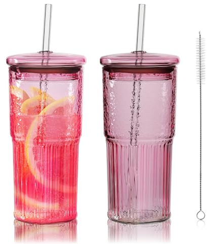 Joeyan 650ml Vaso de Vidrio Borosilicato con Tapa y Pajita, Set de 2 Vasos de Agua Rosa Estriados Estilo Origami, Grand Tazas de Vidrio para Bubble Tea,Matcha,Café,Latte, Regalo Viaje,Oficina,Hogar