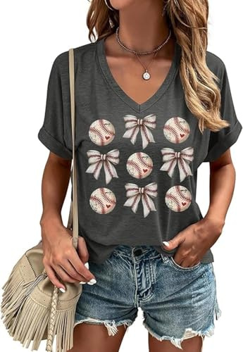 Womens Baseball Season V Neck Shirt Cute Baseball Bow Graphic Short Sleeve Tee Game Day Mom T Shirt(M,Dark Grey05