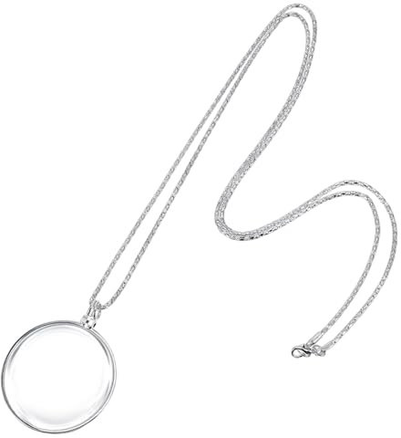 Grevosea Collar con lupa, 5 lupas monóculo para ojos, hombres y mujeres, collar de bolsillo con lupa para biblioteca, lectura, periódico, mapa, manualidades, costura (plateado)