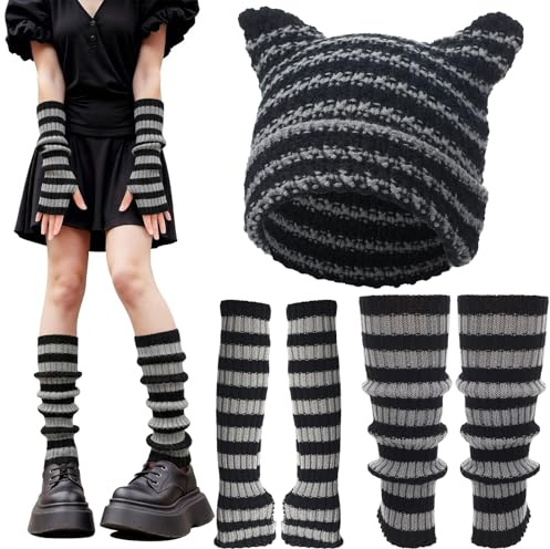 Angirlish Y2k Crochet Beanie Hats Knitted Striped Arm and Leg Warmers Cat Beanie Accessories for Women (Black Gray)