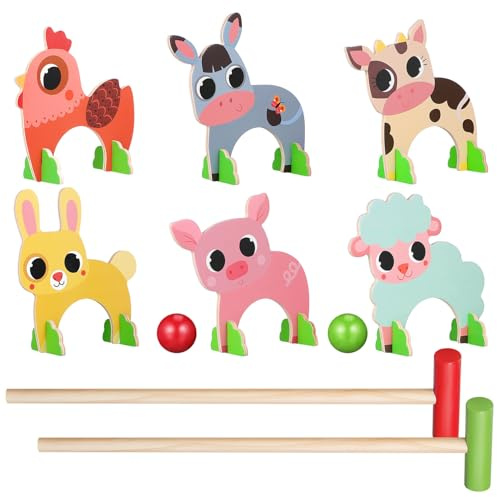 Veemoon Juego de Croquet Figuras de Animales de Madera, Set Educativo Interactivo para Preescolares, Incluye Bolas de Croquet y Wickets, Adecuado para Desarrollar Coordinación Mano-Ojo