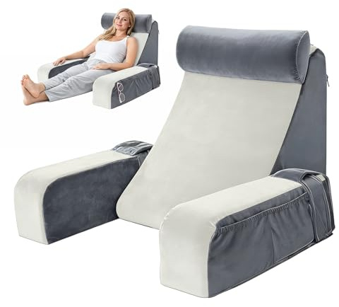 Lesekissen für Bett und Sofa, Rückenkissen Bett mit Abnehmbarer Nackenrolle & Armlehne, Lesekissen mit Rückenlehne, Kissenrückenlehne, Wandkissen Multifunktions-Keilkissen zum Lesen (Grau+weiß)